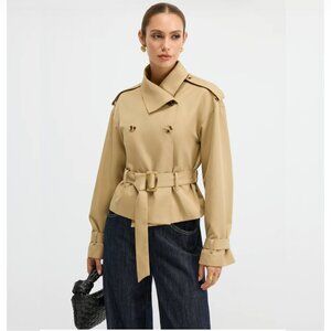 COMMENSE Double-Breasted Belted Trench Coat, Khaki  XS